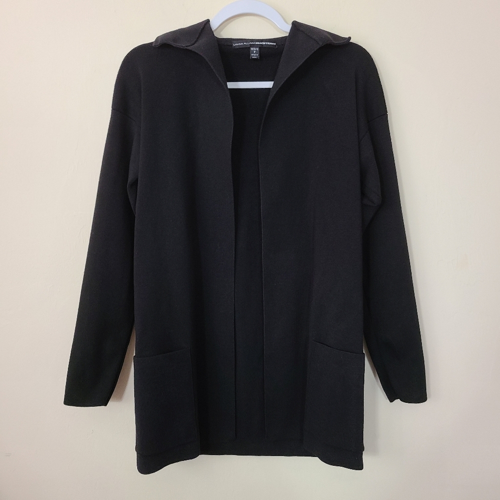 Linda Allard Ellen Tracy Wool Silk Long Black Open Front Cardigan Deep Pockets M